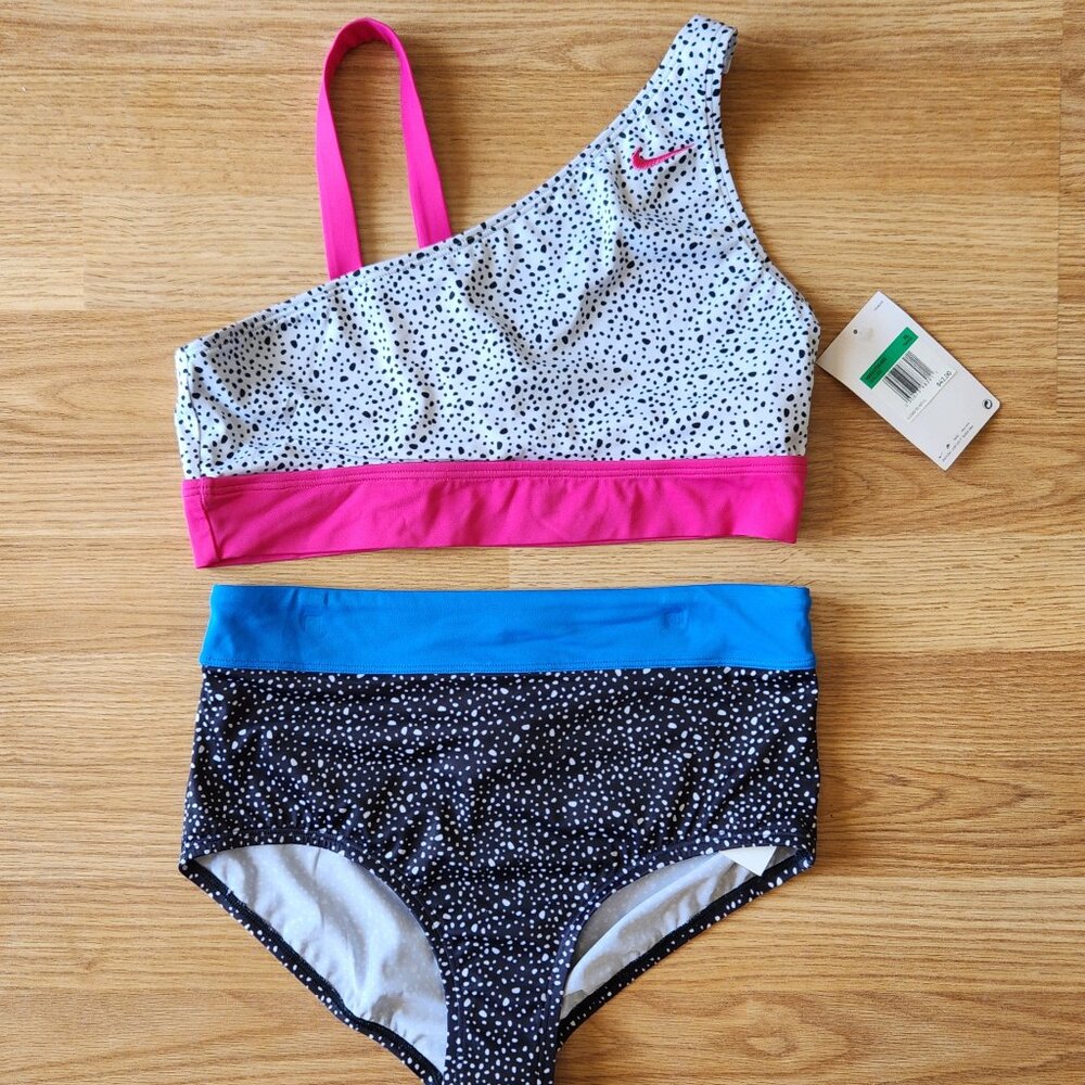 Nike Girl's Water Dots Asymmetrical Top & High Waist Bikini Set, NWT!